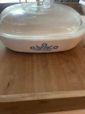 Vintage Corningware White Covered Casserole 10 inch with Blue Floral Design